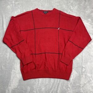 Nautica Sweater Mens Large Red Windowpane Plaid Tight Knit Long Sleeve Crewneck
